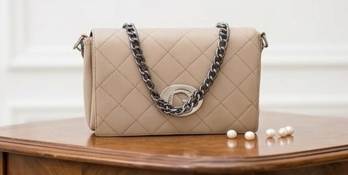 Beige Quilted Chain Shoulder Bag with Silver Hardware - Image 6