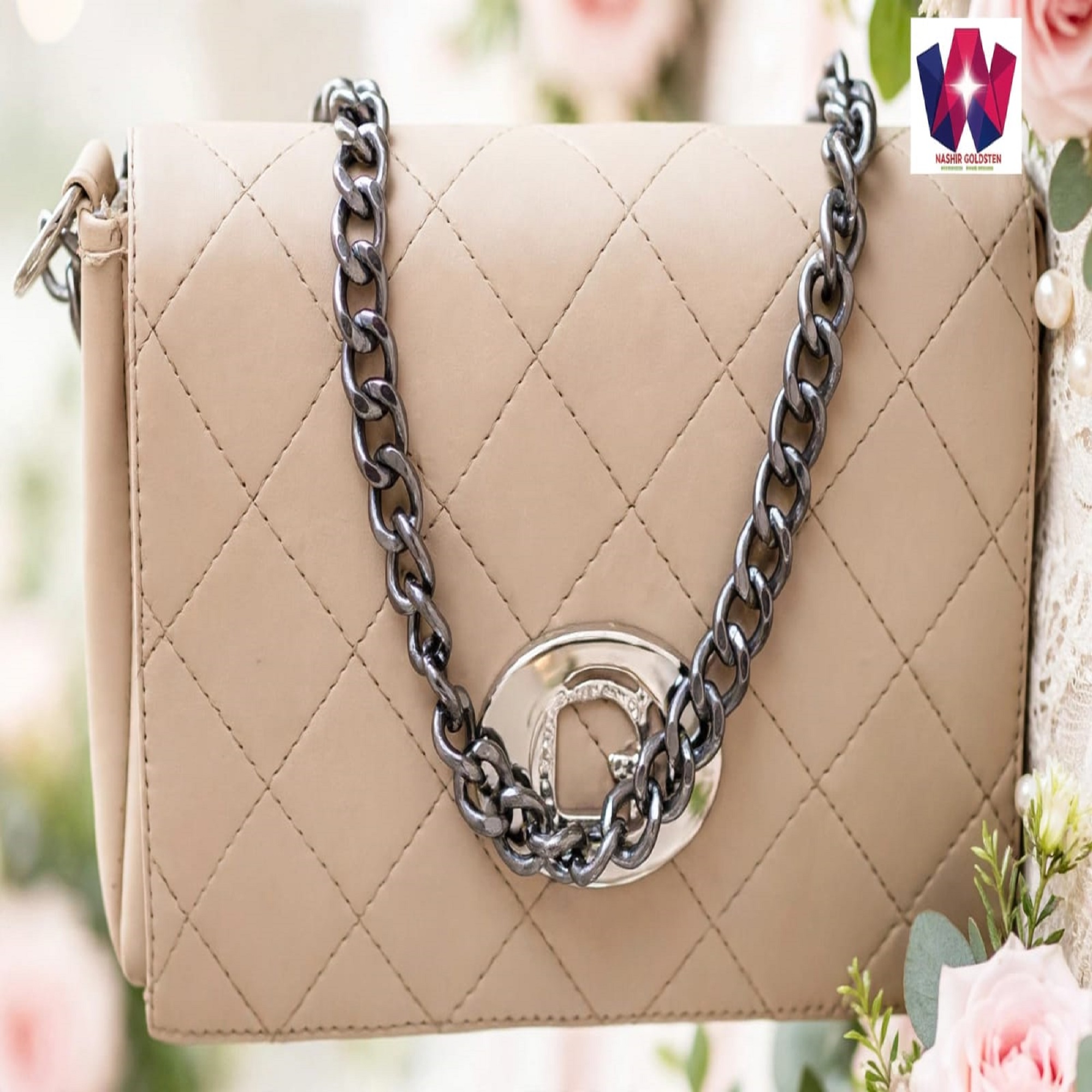 Beige Quilted Chain Shoulder Bag with Silver Hardware