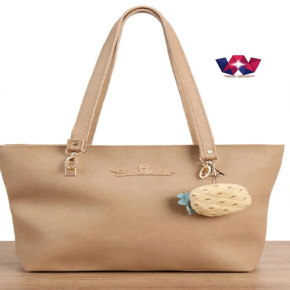Women’s Beige Large Tote Bag with Long Handles and Pineapple Charm