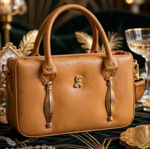 Camel Brown Structured Handbag with Double Handles - Image 2