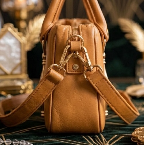 Camel Brown Structured Handbag with Double Handles - Image 3
