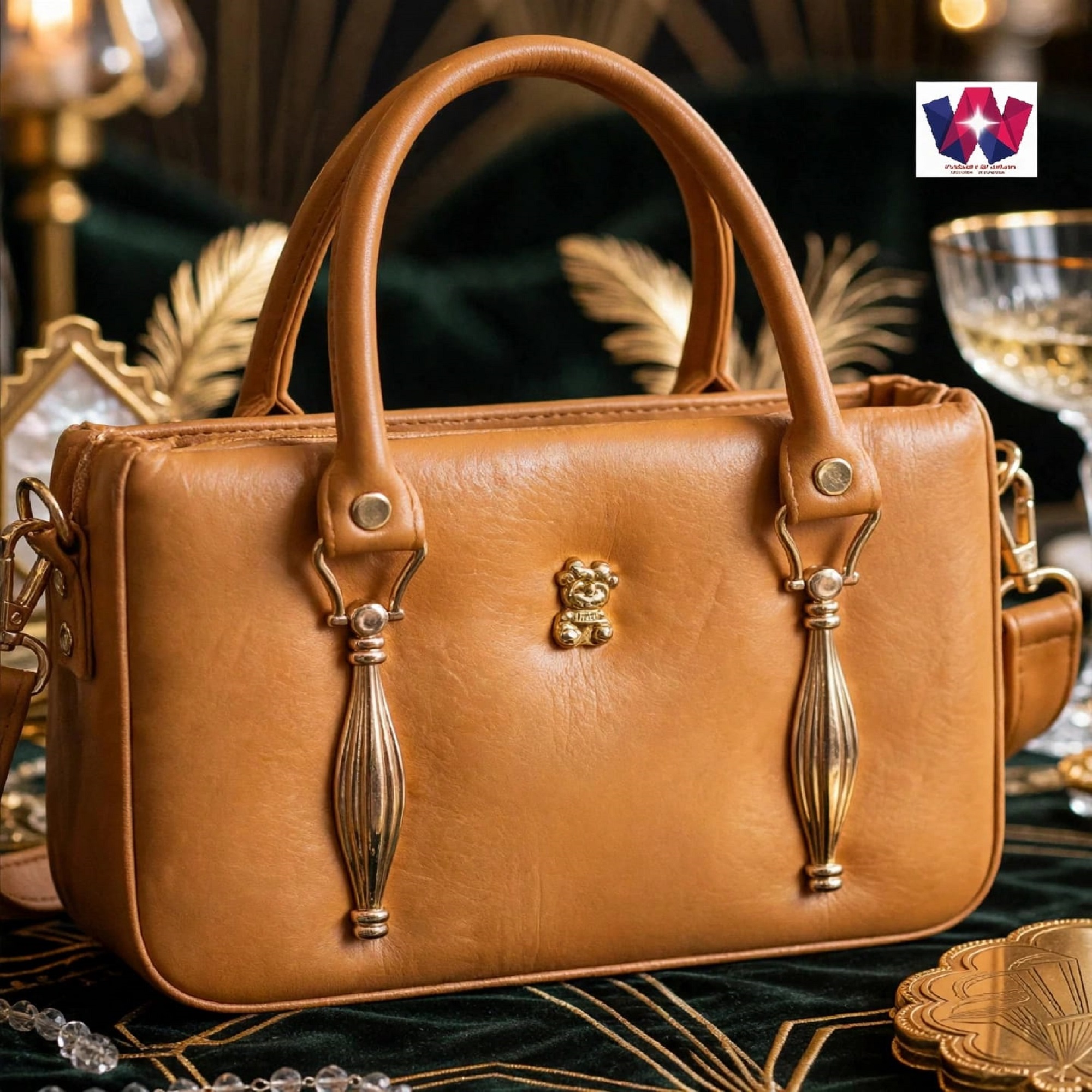 Brown Plush Tote Handbag with Pom-Pom Handles