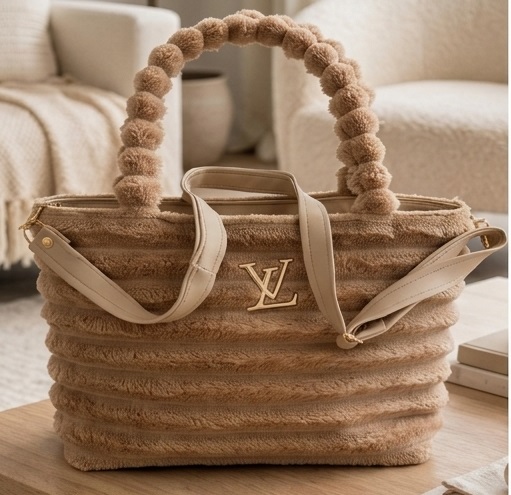 Brown Plush Tote Handbag with Pom-Pom Handles - Image 4