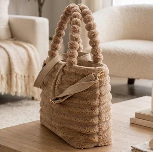 Brown Plush Tote Handbag with Pom-Pom Handles - Image 2