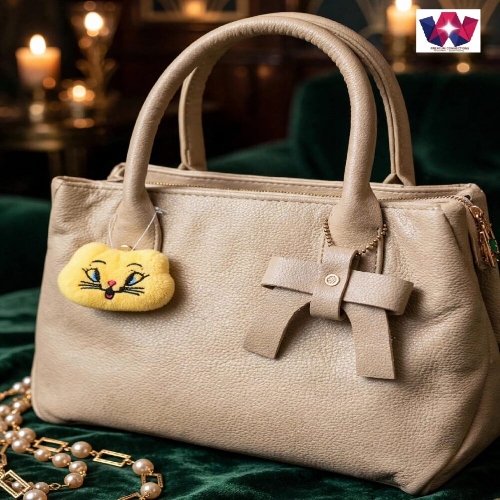 Beige Structured Bow-Detail Top-Handle Handbag with Cat Charm
