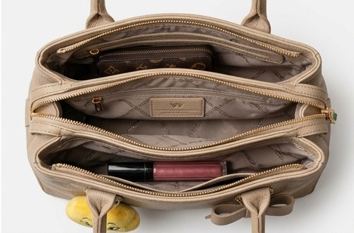 Beige Structured Bow-Detail Top-Handle Handbag with Cat Charm - Image 5