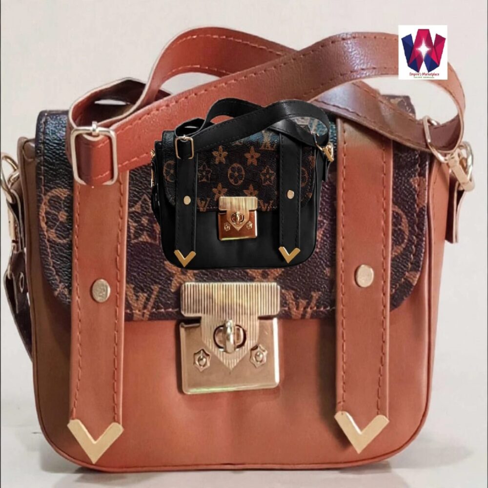 Brown Structured Handbag with Patterned Panel, Gold-Tone Clasp & Mini Front Pouch