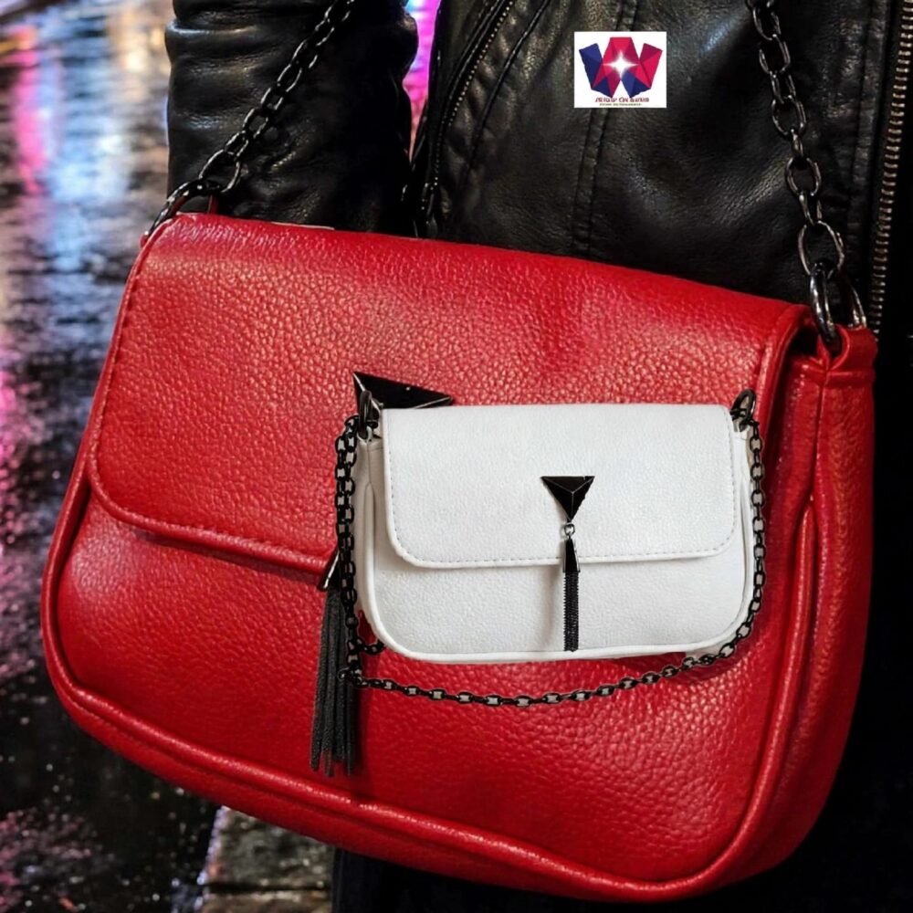 Red Ladies Shoulder Bag with White Front Mini Bag and Chain Strap