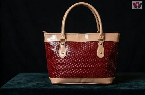 Burgundy & Beige Textured Structured Tote Handbag - Image 2
