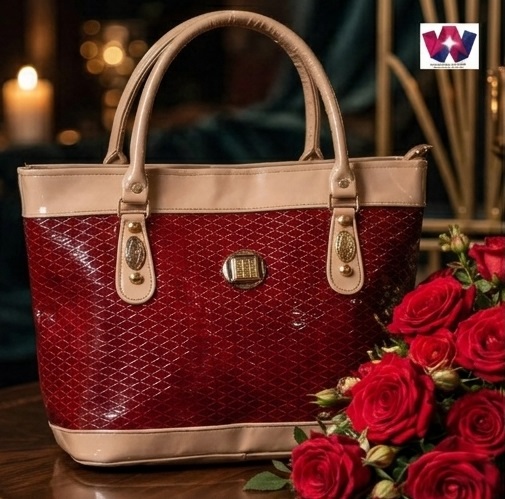 Burgundy & Beige Textured Structured Tote Handbag - Image 6