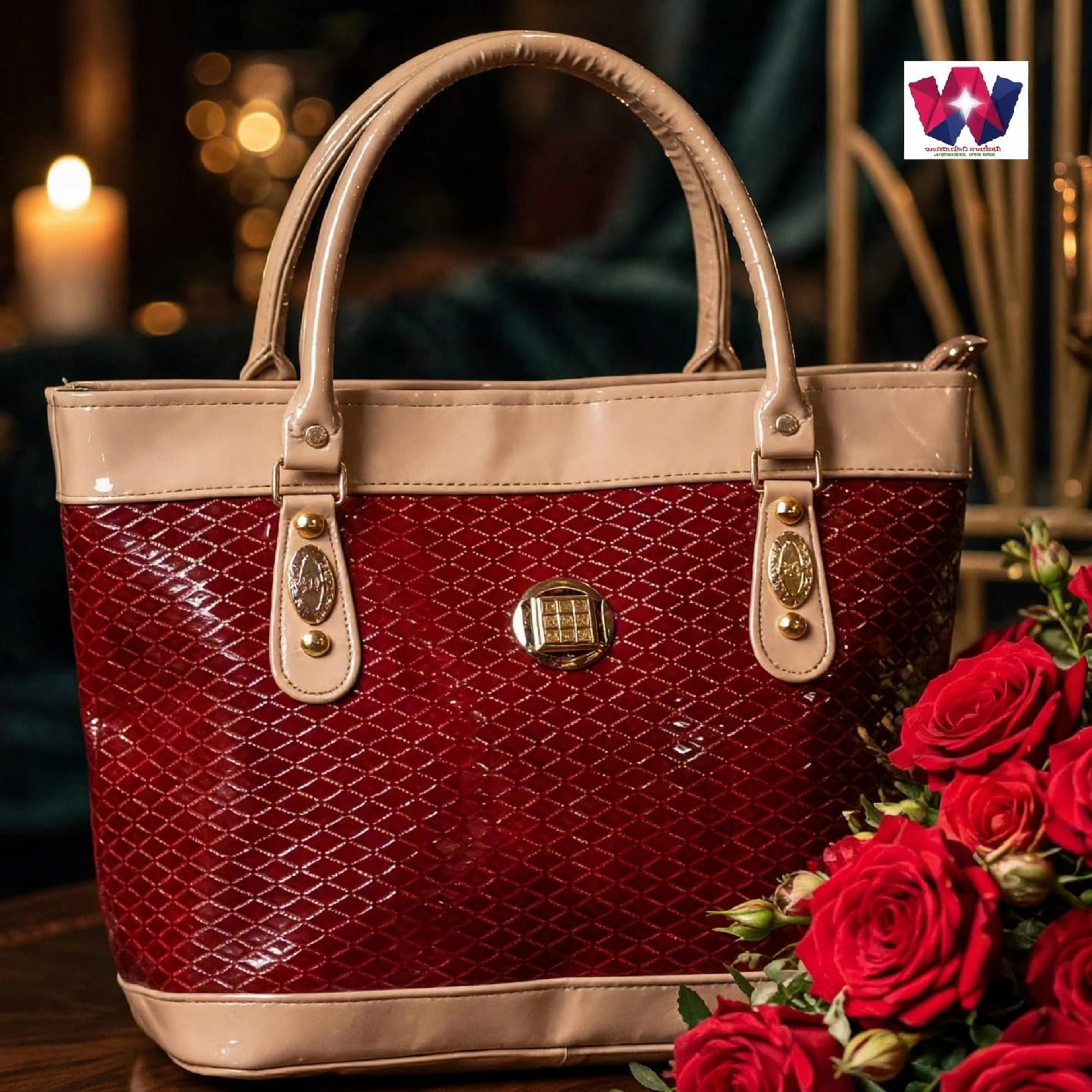 Burgundy & Beige Textured Structured Tote Handbag