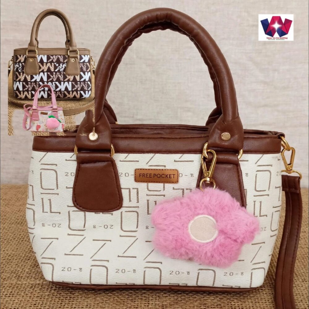 White and Brown Patterned Tote Handbag with Double Handles