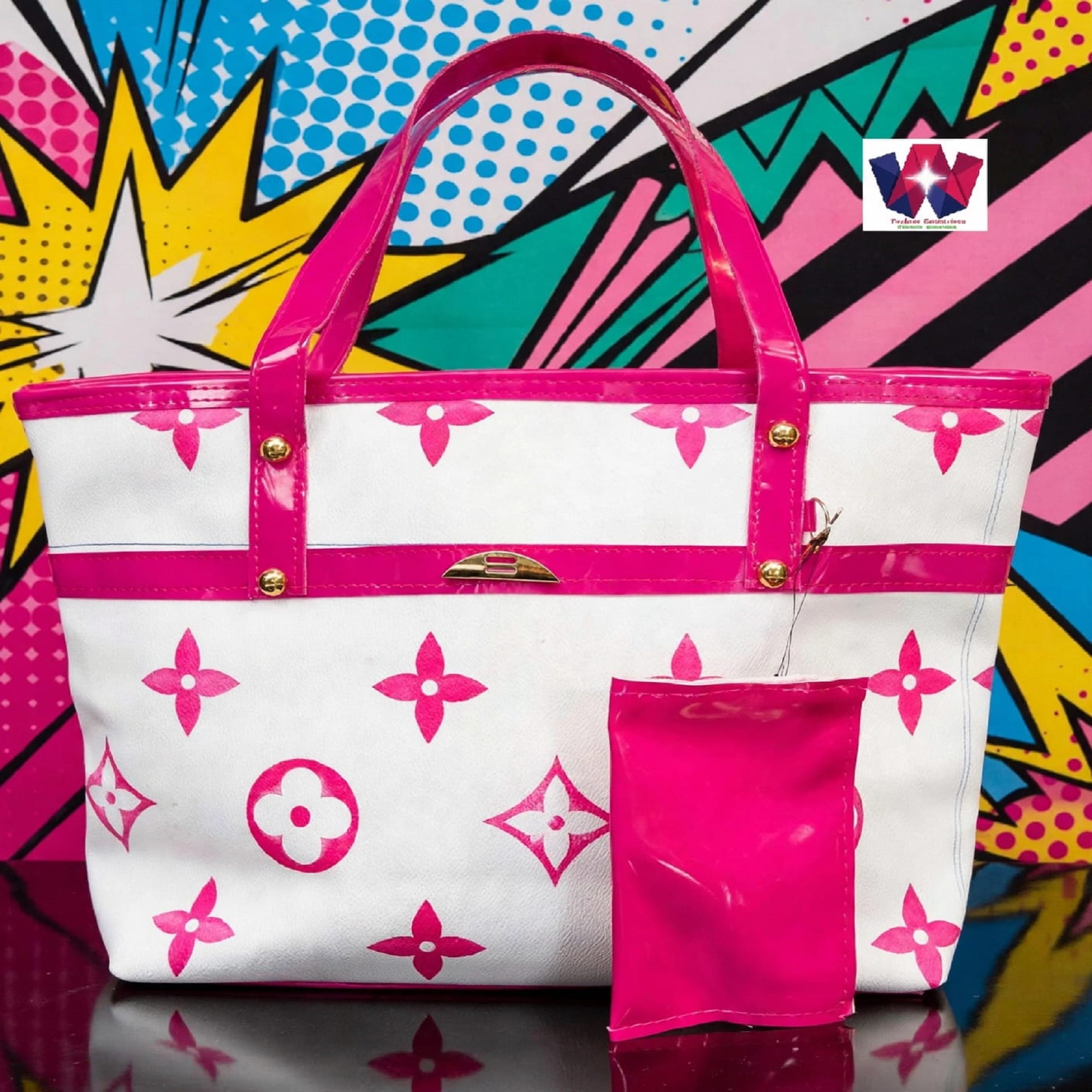 Pink & White Floral Print Tote Bag with Matching Pouch