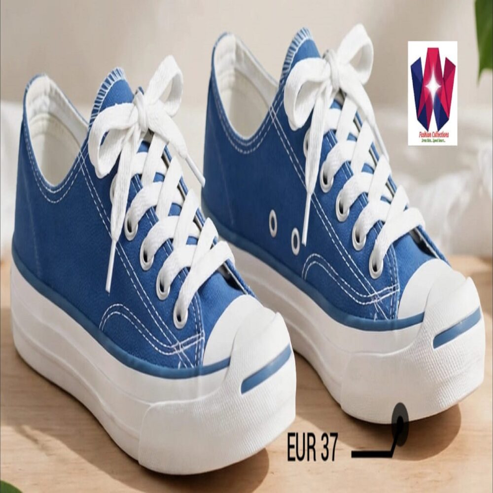 Blue and White Low-Top Platform Canvas Sneakers