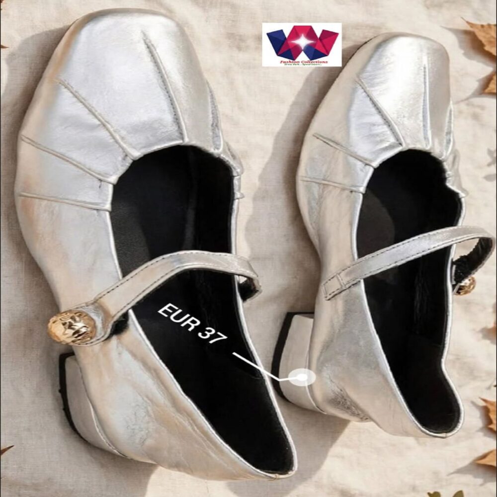 Silver Pleated Mary Jane Low-Block Heel Shoes