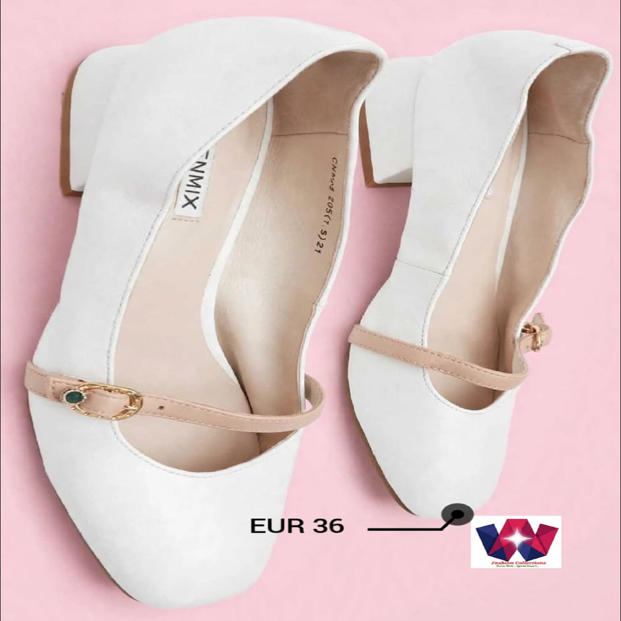 White Block Heel Pumps with Contrast Strap