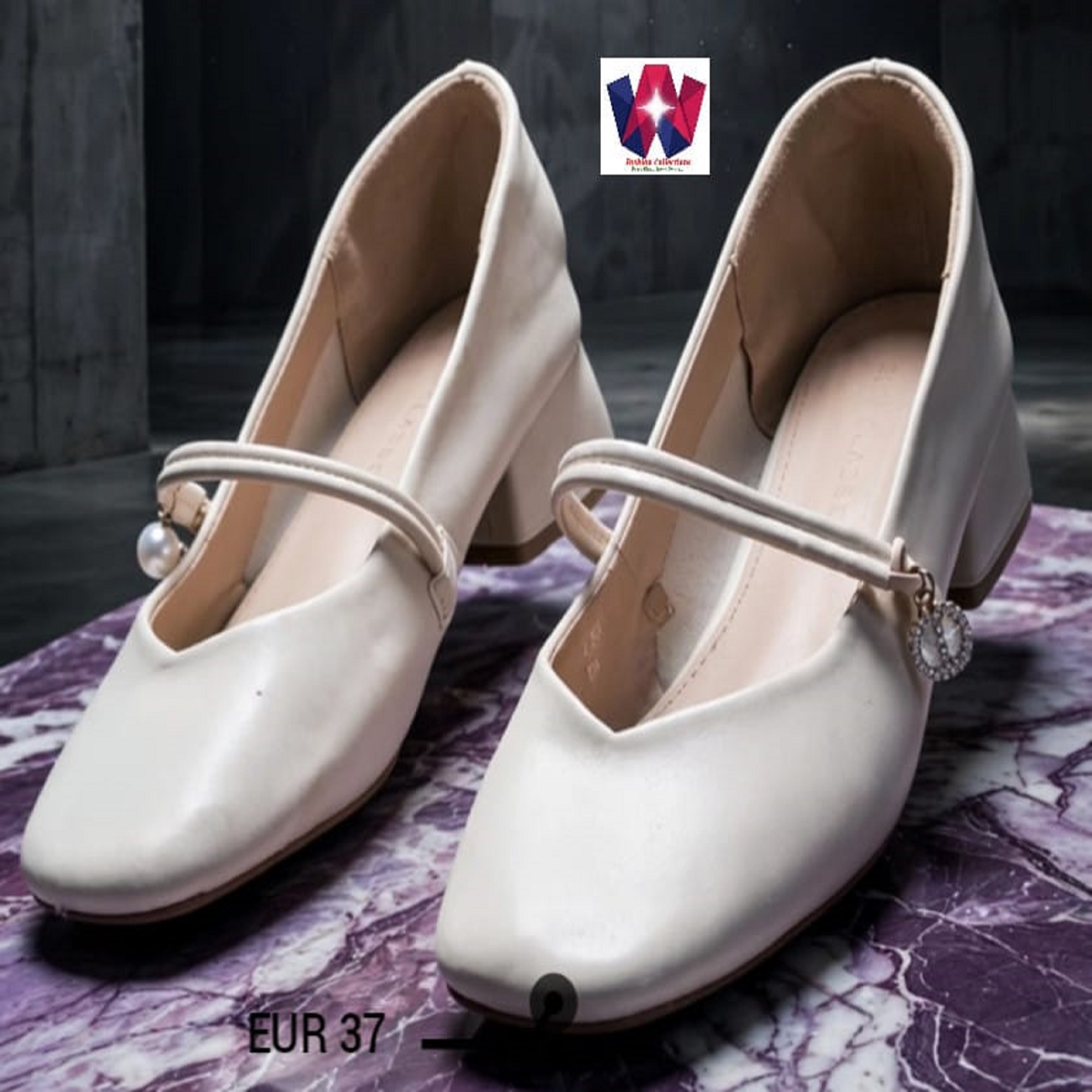 Pearl Charm Accent Mary Jane Block Heel Pumps