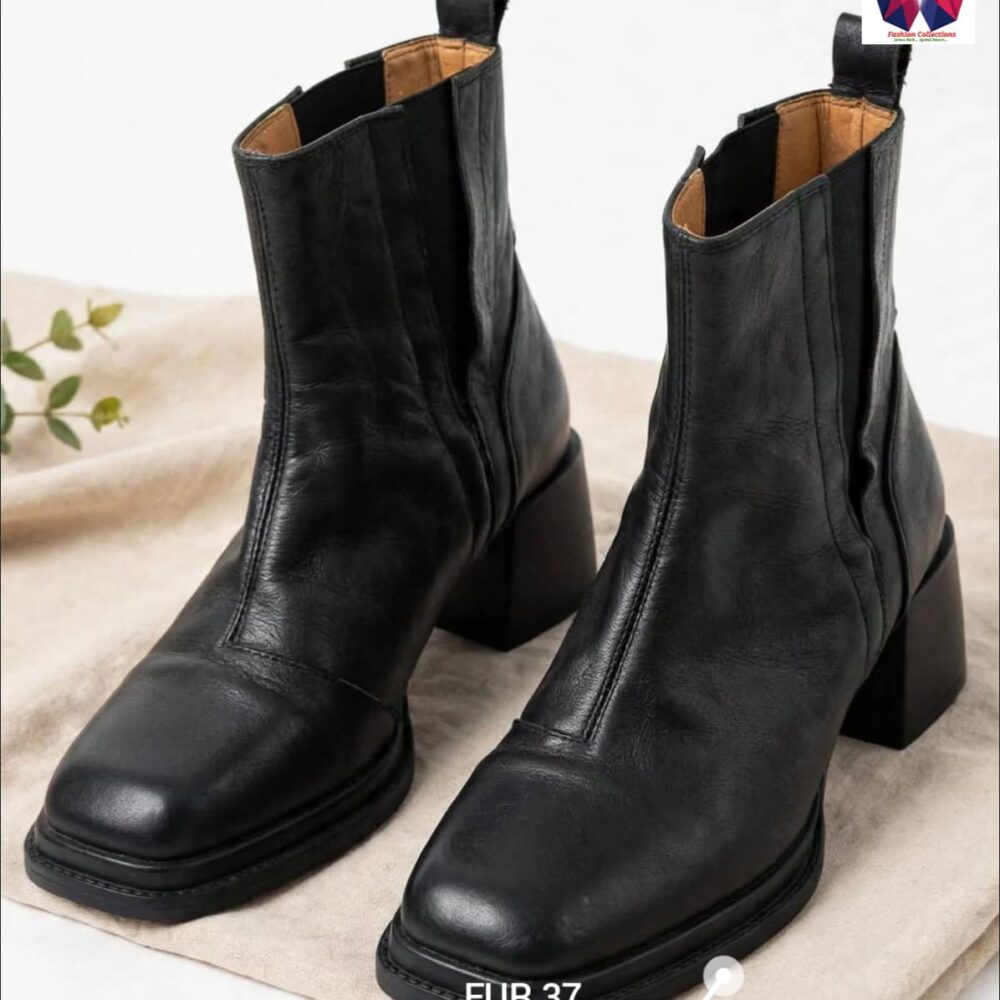 Black Square-Toe Block Heel Ankle Boots