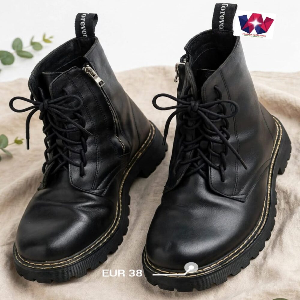 Black Lace-Up Combat Boots with Side Zipper