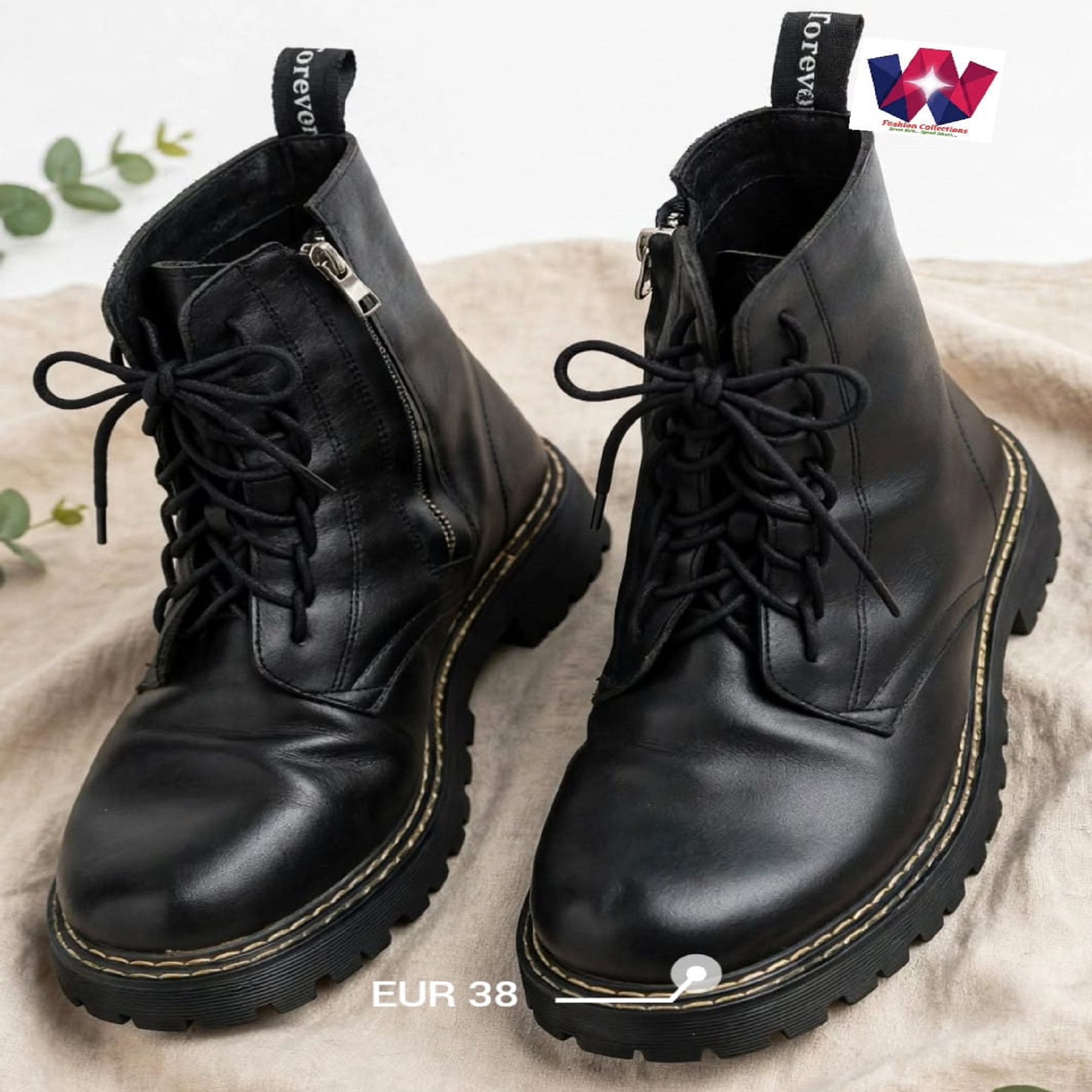 Black Lace-Up Combat Boots with Side Zipper