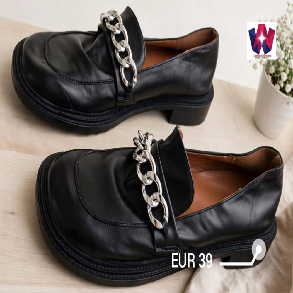 Black Patent-Style Gold Chain Loafers