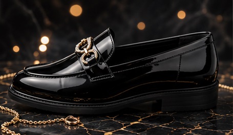 Black Patent-Style Gold Chain Loafers - Image 2