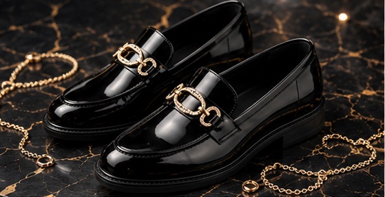 Black Patent-Style Gold Chain Loafers - Image 6