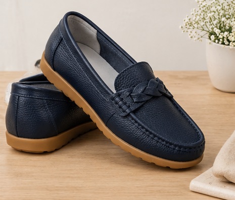 Navy Blue Braided Detail Loafers with Tan Sole - Image 4