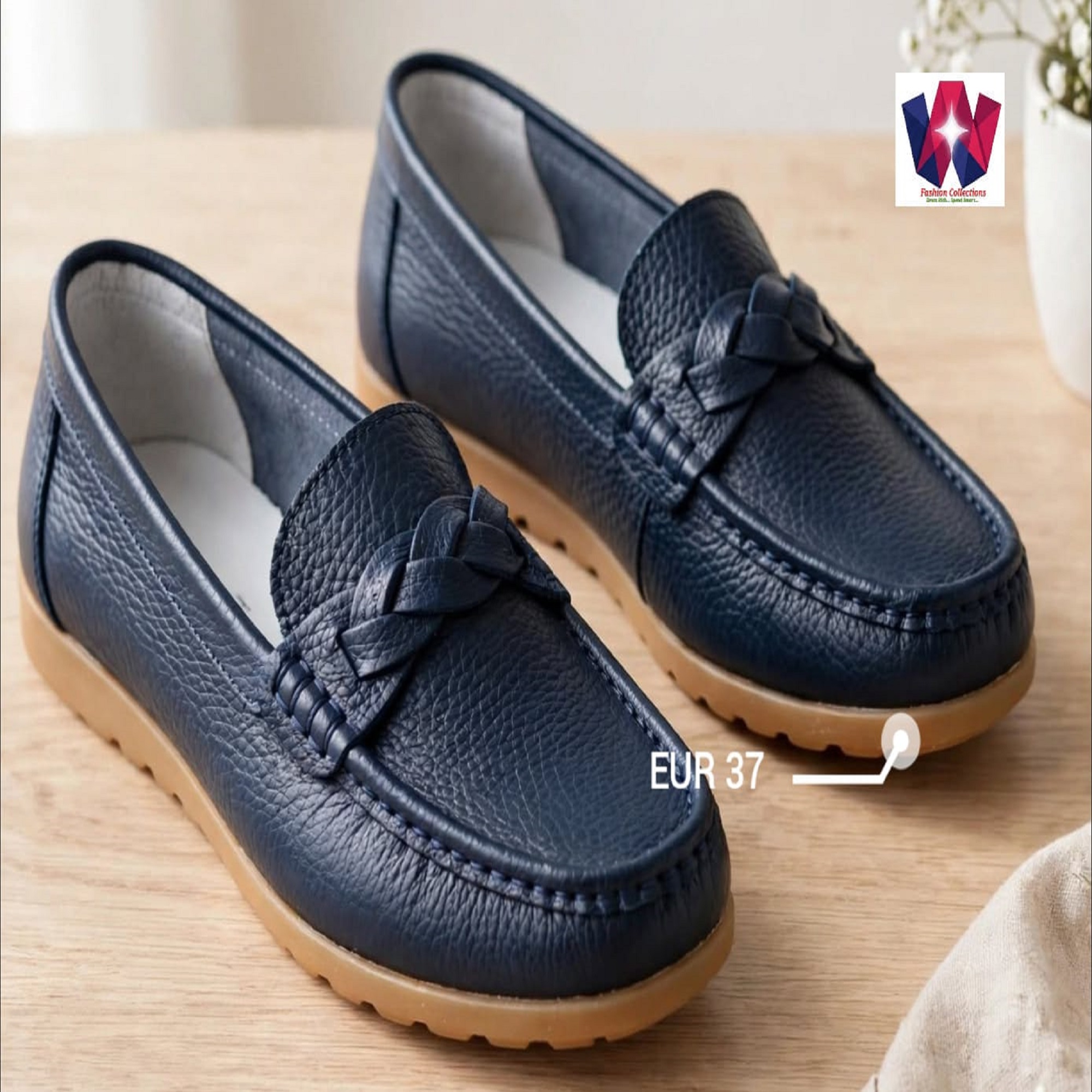 Navy Blue Braided Detail Loafers with Tan Sole