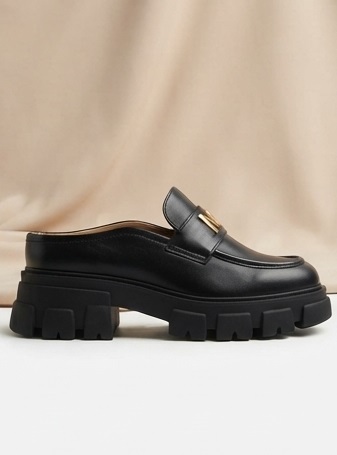 Women’s Black Chunky Slide Sandals with Gold Chain Detail - Image 2