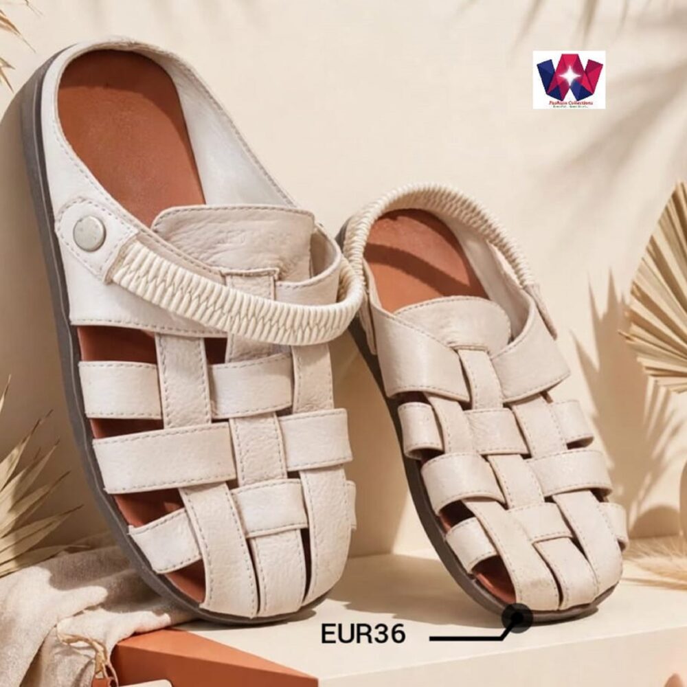 White Woven Leather Casual Sandals with Elastic Strap