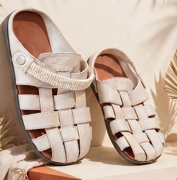 White Woven Leather Casual Sandals with Elastic Strap - Image 3