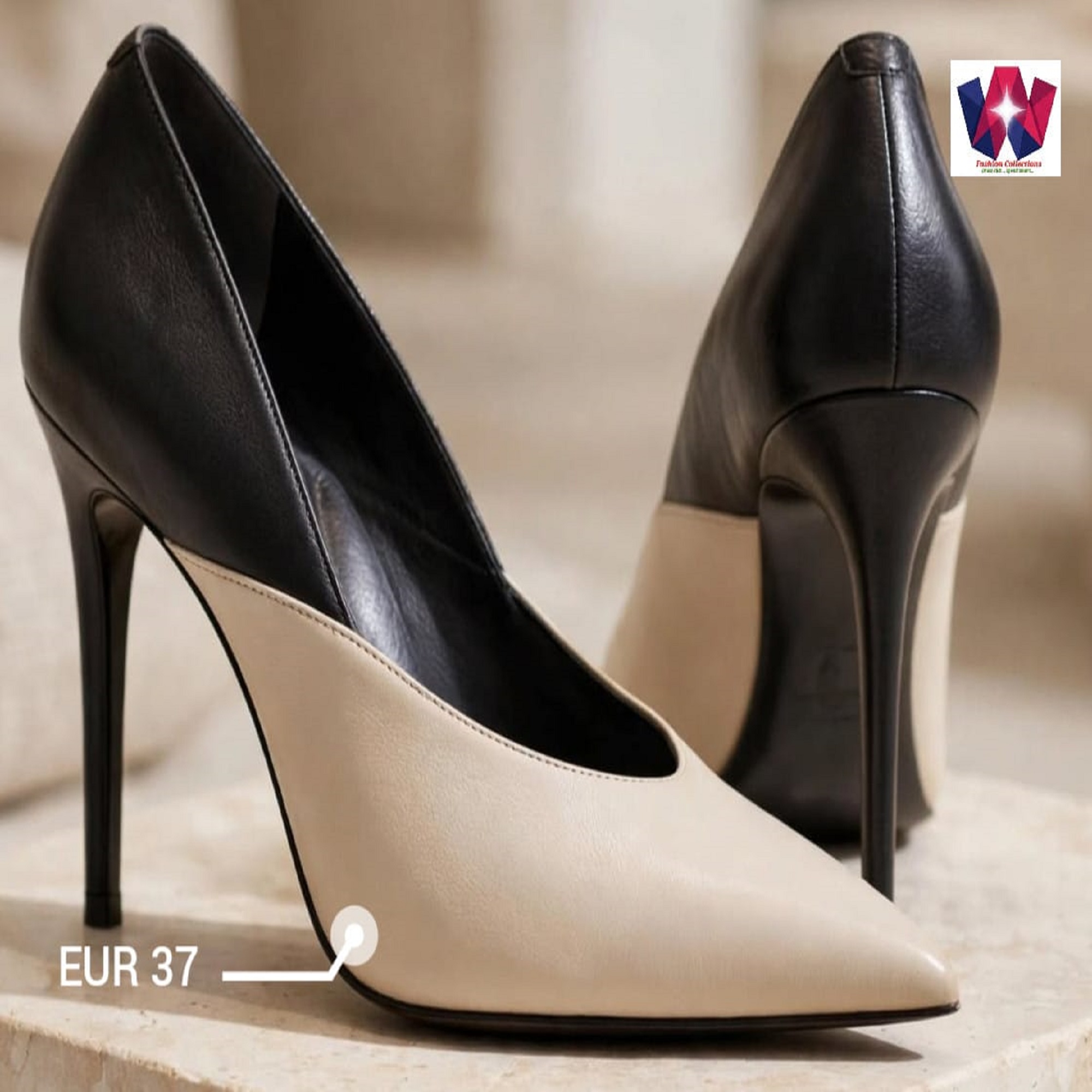 Two-Tone Black and Beige Pointed-Toe Stiletto High Heels