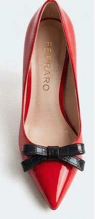 Red Patent Stiletto High Heels with Black Bow Detail - Image 2