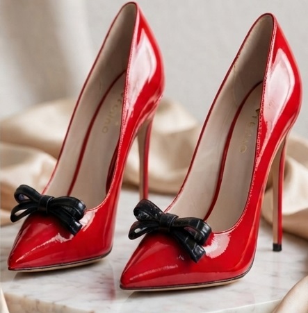 Red Patent Stiletto High Heels with Black Bow Detail - Image 4
