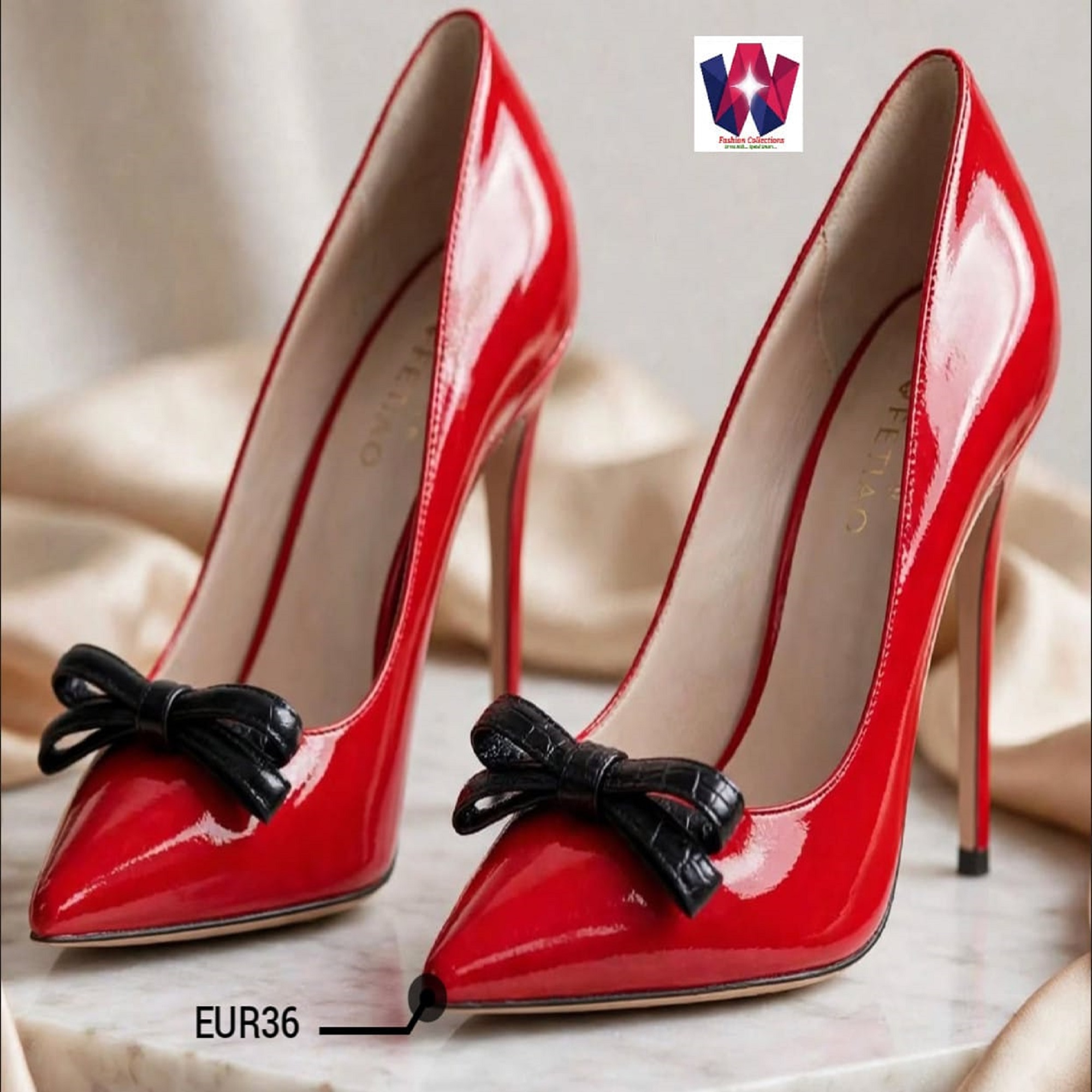 Red Patent Stiletto High Heels with Black Bow Detail