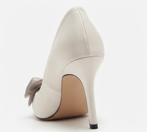 White Pointed-Toe High Heels with Grey Bow Accent - Image 3