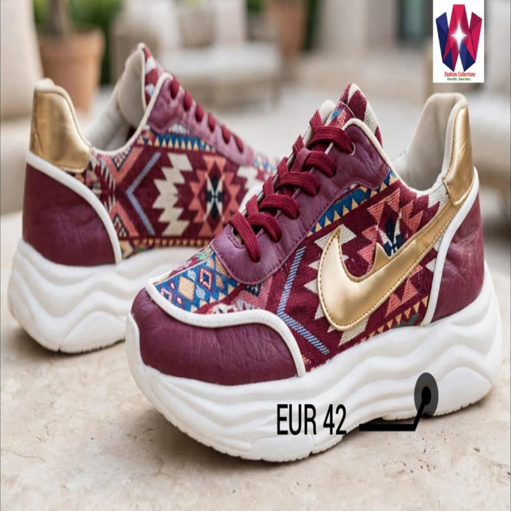 Burgundy & Gold Aztec-Print Platform Sneakers with Metallic Accent