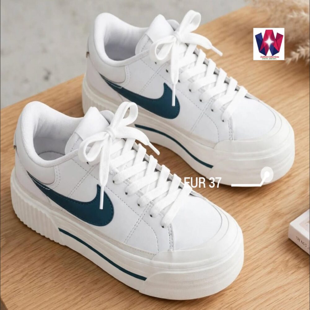 White Platform Lace-Up Sneakers with Navy Side Stripe