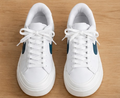 White Platform Lace-Up Sneakers with Navy Side Stripe - Image 2