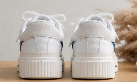 White Platform Lace-Up Sneakers with Navy Side Stripe - Image 3