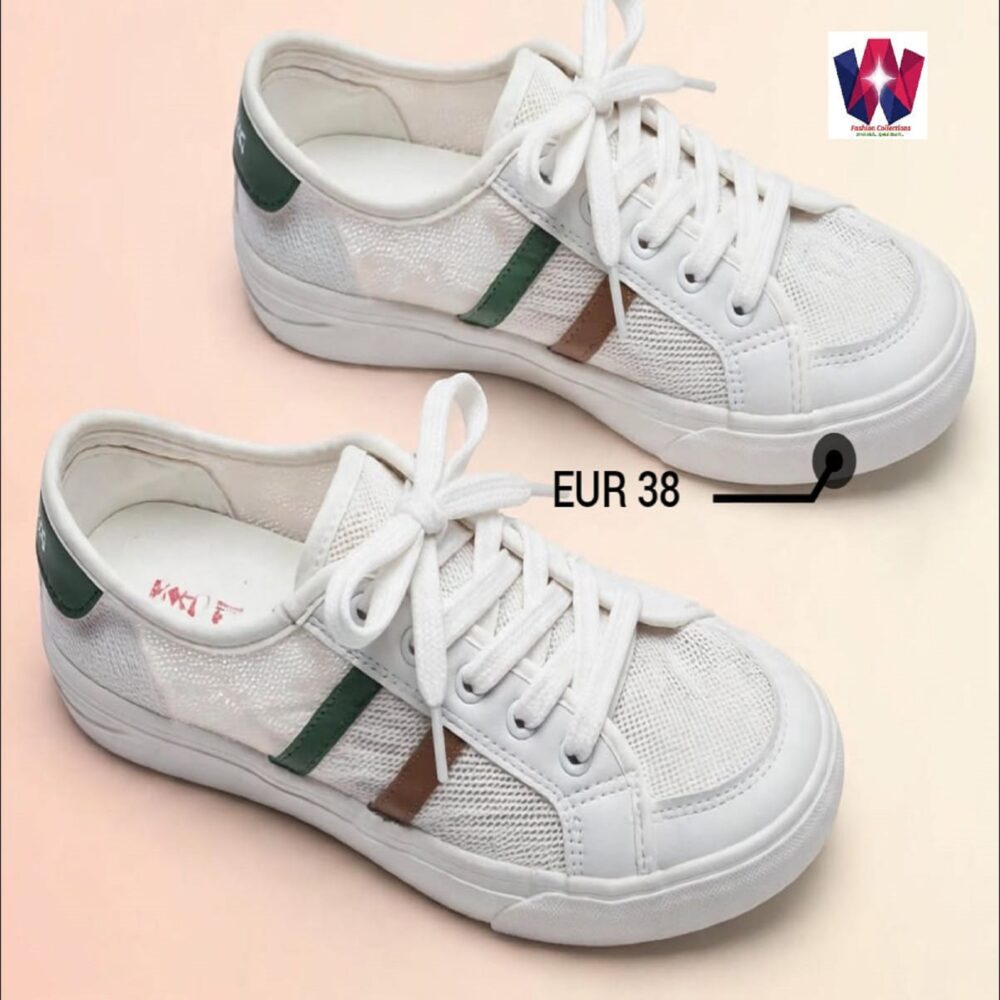 White Mesh Lace-Up Casual Sneakers with Green & Brown Accents