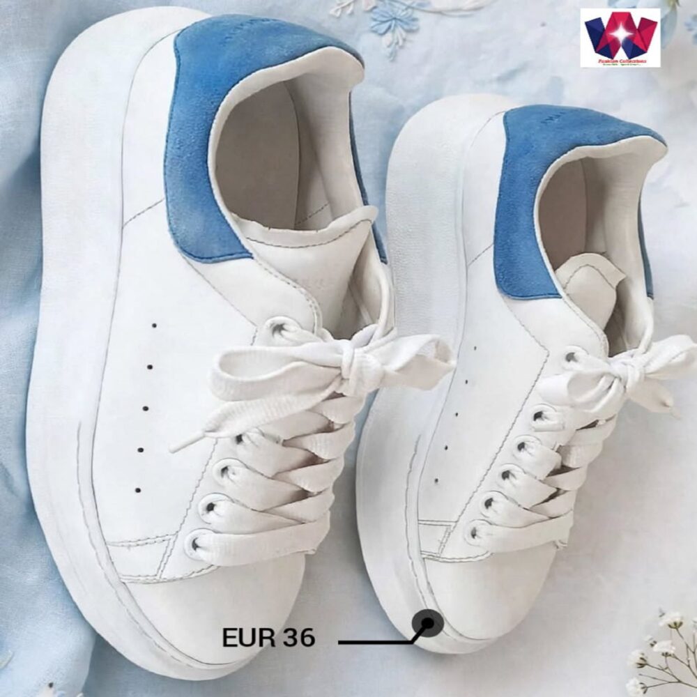 White & Light Blue Lace-Up Casual Sneakers