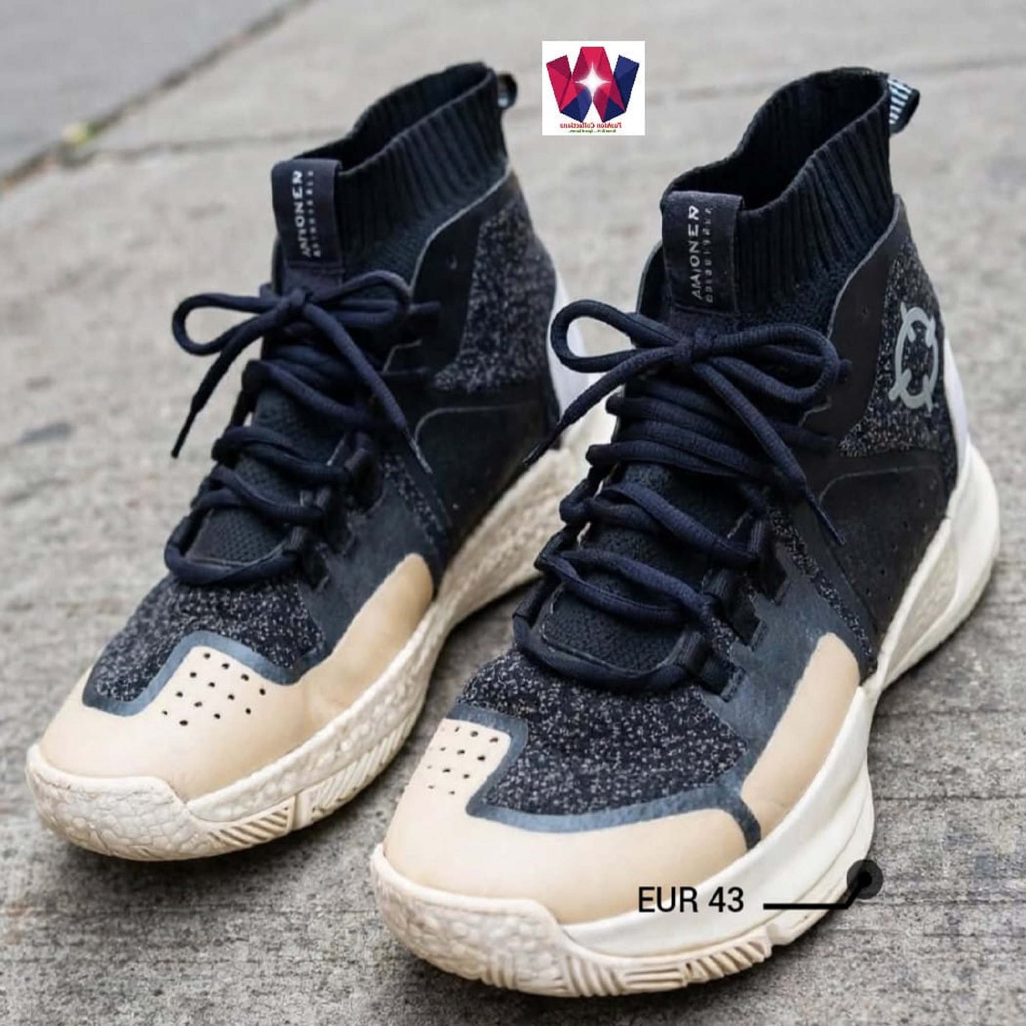 Black & Beige High-Top Knit Sneakers