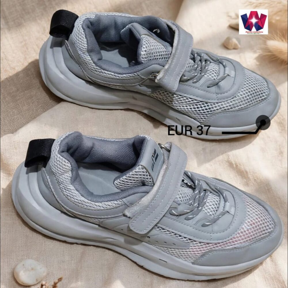 Grey Mesh Platform Athletic Sneakers with Velcro Strap