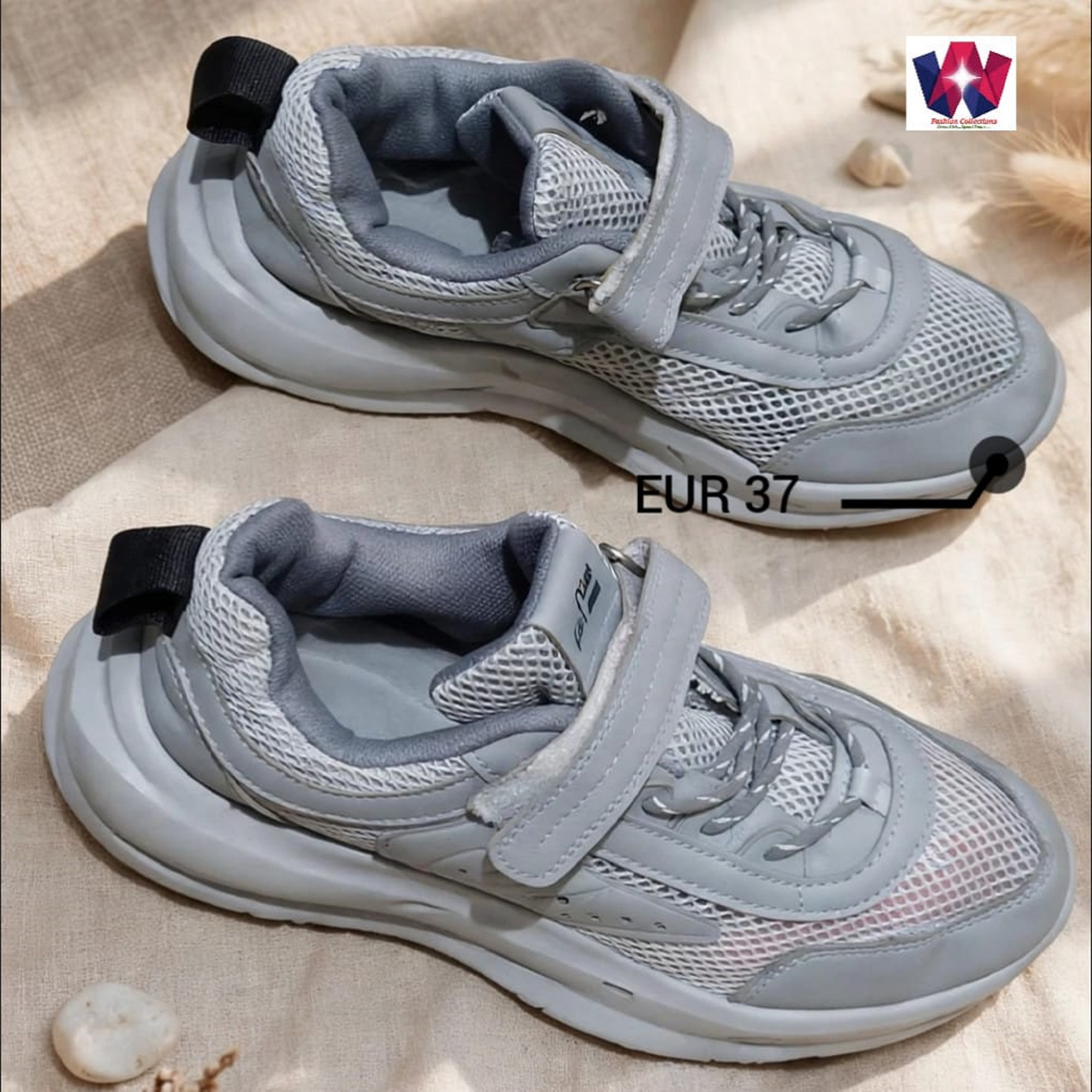 Grey Mesh Platform Athletic Sneakers with Velcro Strap
