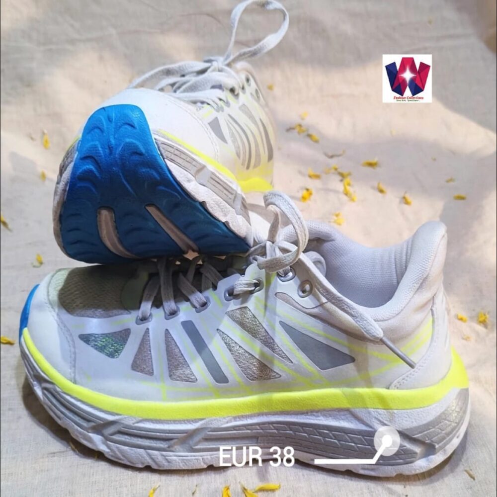 White & Grey Lightweight Running Sneakers with Neon Yellow Accents