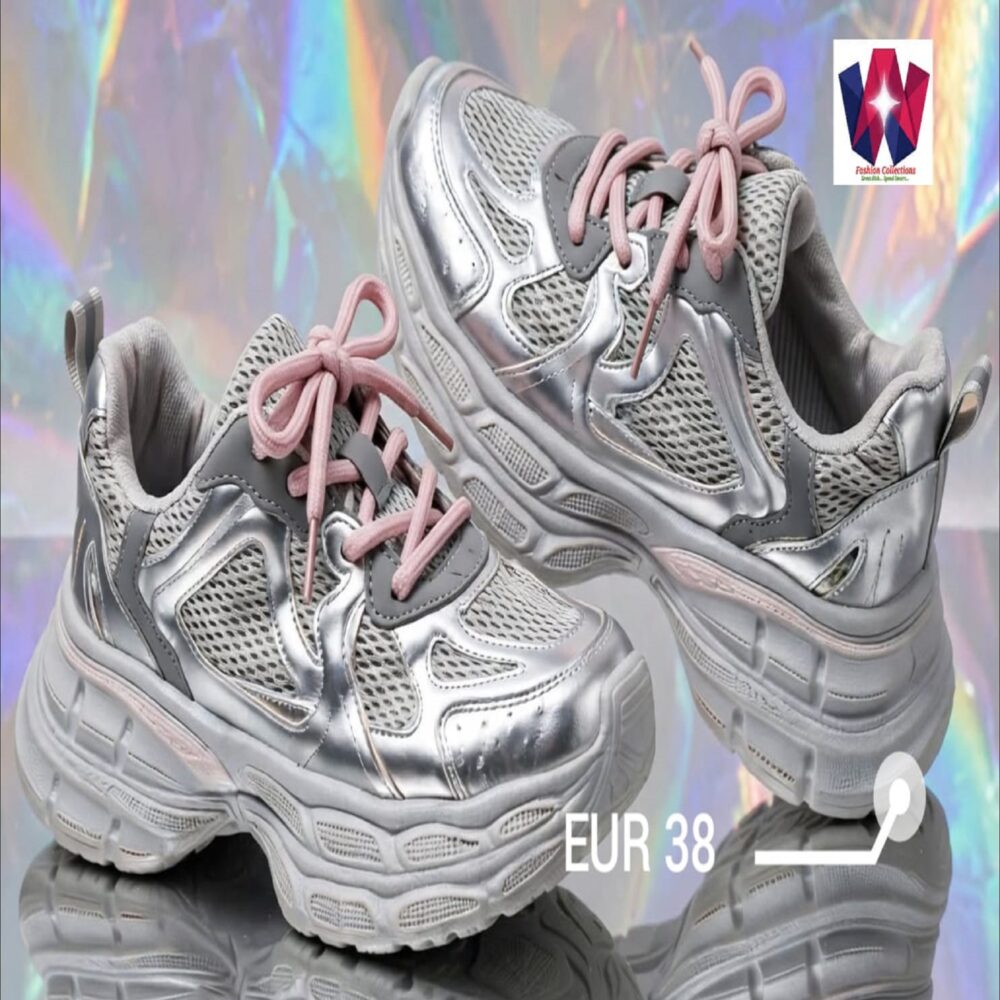 Metallic Silver and Grey Chunky Sneakers with Pink Laces