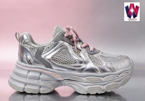Metallic Silver and Grey Chunky Sneakers with Pink Laces - Image 2