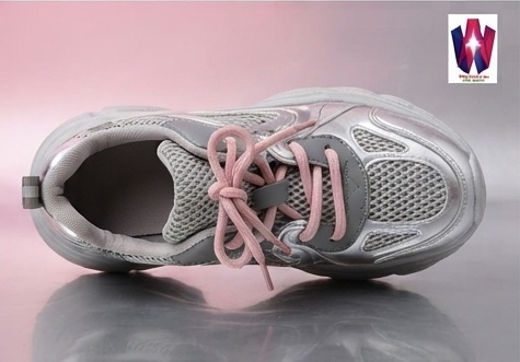 Metallic Silver and Grey Chunky Sneakers with Pink Laces - Image 3